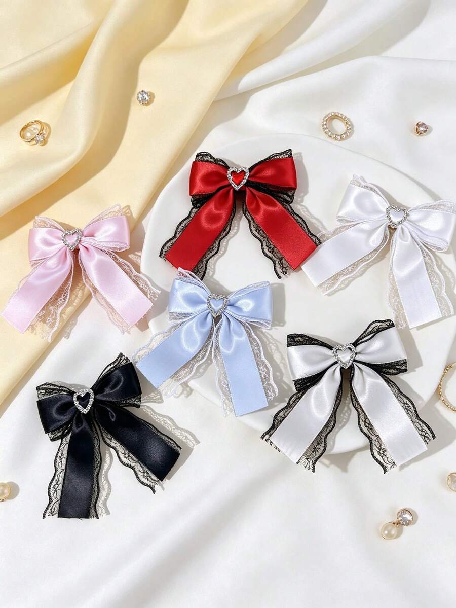 1个镶钻爱心蕾丝蝴蝶结发夹，甜美公主风侧夹，可爱百搭时尚发饰 - 彩色 - 查看 1