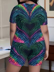Summer Outfits For Women Tie Dye Heart Pattern 2026 Summer New Styles Women's Plus Size Short Sleeve T-Shirt Set Two Piece Set Vibrant Rainbow Heart Design Perfect For Beach Parties And Music Festivals Ideal Gift For - 白色 - 查看 2