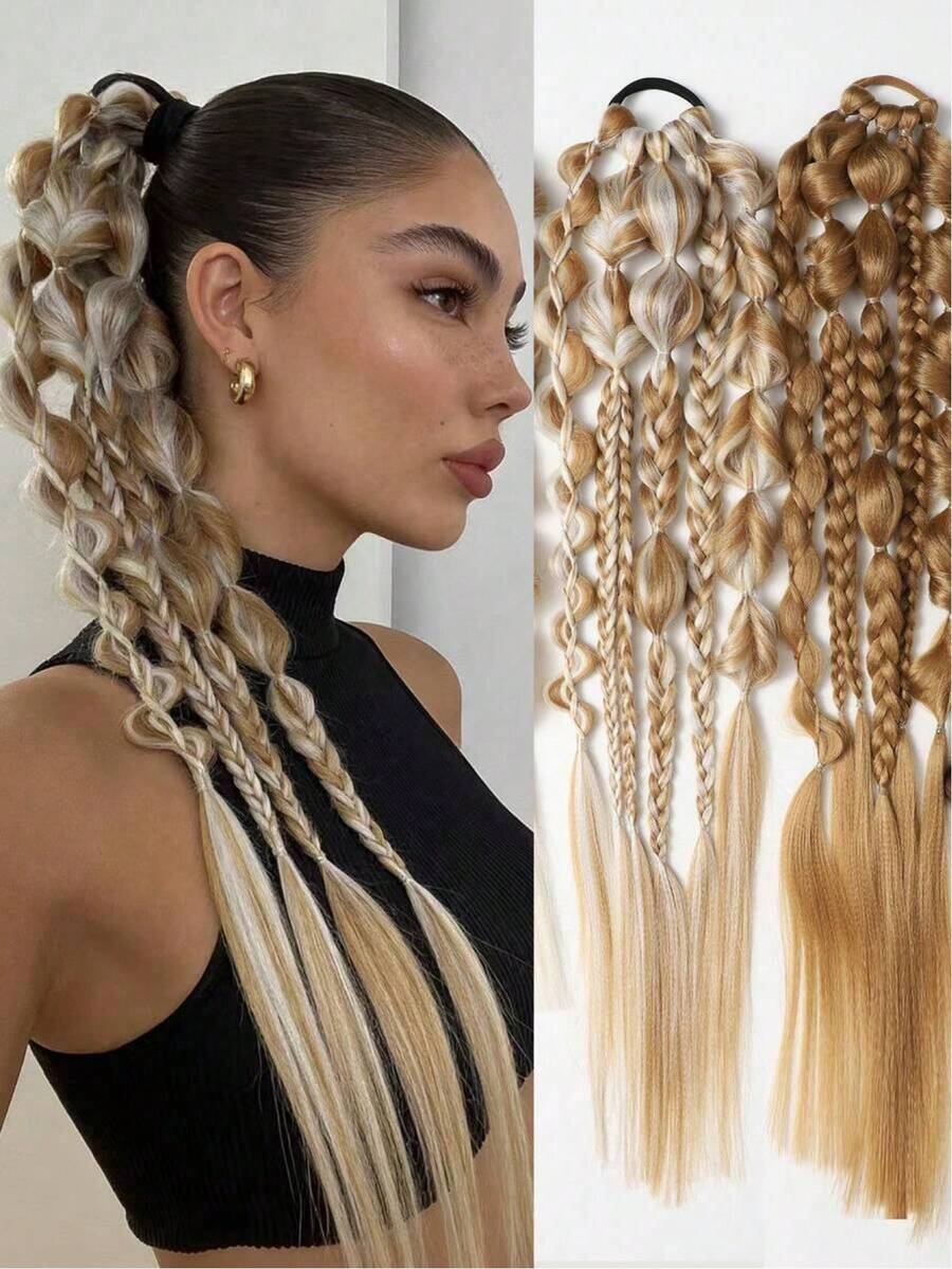 24 Inch Handmade Mixed Color Bubble Ponytail Hair Bundle, Suitable For All Women's Hair Types Elastics Rubber Bands