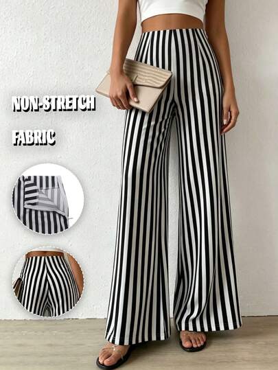 Black & White Striped High Waist Wide Leg Pants, Casual Y2K Vintage Flare Palazzo Trousers For Women Summer Streetwear,Vacation
