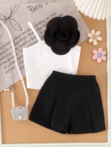 2pcs Young Girls Elegant Luxury Spaghetti Strap Top Paired With Black Shorts Set, Summer Vacation Style - Black and White - View 3