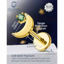 18G Moon Cartilage Piercling Jewelry - G23 Titanium Flat Back Push Pin Gold Helix Earrings, Shiny Emerald CZ Tragus Lobe Rook Helix Piercing Jewelry - 金綠 - 查看 9