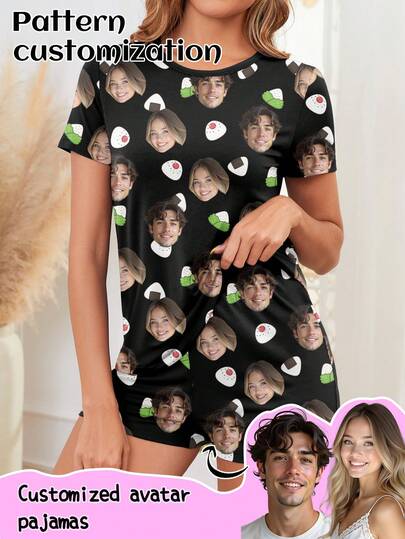 Customized Women's Short Sleeve Pajama Set, Can Print Any Pattern, Personalized Pajamas With Photos, Funny Customized Images Comfortable Sleepwear. Suitable For Valentine's Day, Birthday, Gifts, Personalized, Colorful, Cute, Witty, Unique, Exclusive, Ideal Girlfriend Gift, Suitable For Girlfriend, Family, Friends, Elders, Fashionable For Autumn, Party Occasions