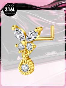 Y2K金女士鼻环耳钉 20G不锈钢L型鼻环，精致垂坠式鼻部穿孔饰品 CZ蝴蝶鼻钉 - 金色 - 查看 12