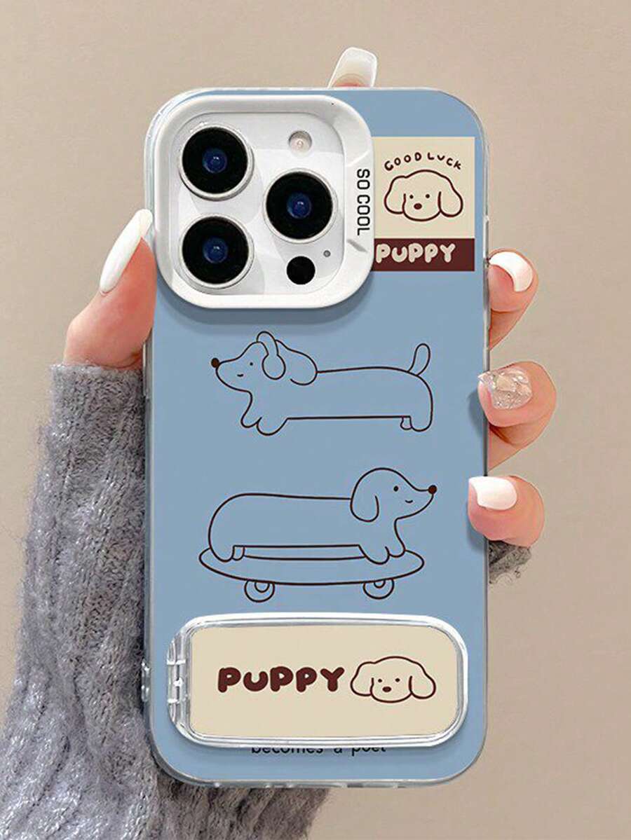 1个可爱卡通极简腊肠犬滑板车手机壳带支架，兼容 17 Pro Max、17 Pro、17 Air、17、16、15、14、13、12、11 Plus、Pro Max，全包防震保护套 - 藍色 - 查看 1