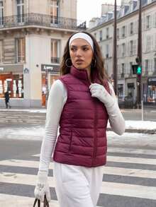 ZIAI Women's Stand Collar Lightweight Short Down Vest, Multiple Colors, Casual Outdoor Autumn/Winter - Burgundy - View 4