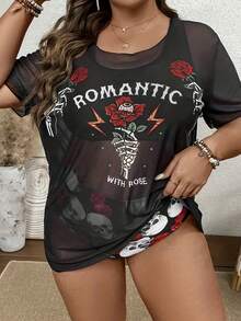 Traje de baño de bikini con estampado floral y de calaveras con letras, elemento de Halloween, con cubierta, conjunto de 3 piezas - Negro - Ver 5