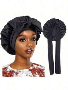 1pc Women's Hat, 36cm Diameter, With Ribbon, Bow, Elastic Silk-Like Band, Wide Brim, Round Cap, Sleep Cap, Hair Band, Hair Accessory Cap - Turban Hat - View 3