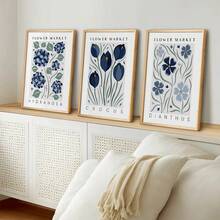 1/3 piezas Conjunto de carteles de lienzo con flores botánicas azules enmarcados/sin marco, arte de pared floral minimalista y abstracto de Hortensia, Azafrán y Clavel para decoración de entrada, pasillo, apartamento, sala de estar, dormitorio, decoración del hogar moderna - A - Ver 3
