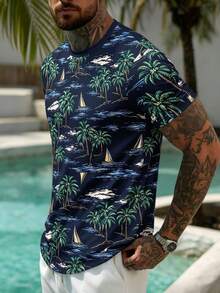 男士圆领椰树帆船印花休闲短袖T恤 - 彩色 - 查看 2