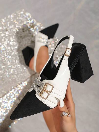 French Pointed Toe Black & White Color Block Peep Toe Chunky Heel Sandals, Rhinestone Buckle One-Strap High Heel Pumps, Elegant Office Shoes For Women