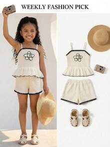 2pcs/Set Girls' Summer Casual Minimalist Shell Knit Ruffle Splice Chiffon Hem Sleeveless Tank Top And Shorts Set - Apricot - View 7