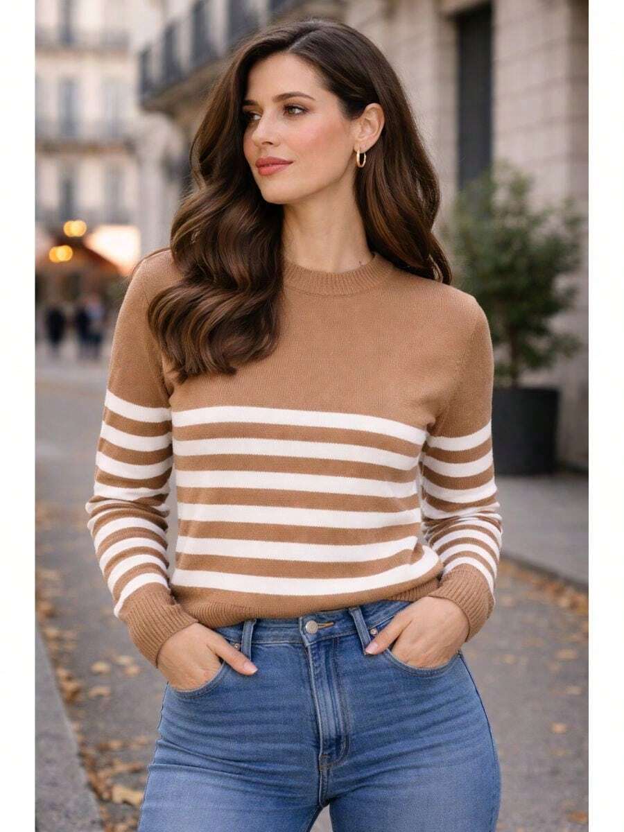 Women's Striped Long-Sleeved Sweater - Khỏa thân - Xem 1