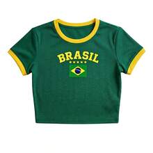 Women's Cropped Blouse Brazil Print Ribbed World Cup Premium T-Shirt - 綠色 - 查看 1