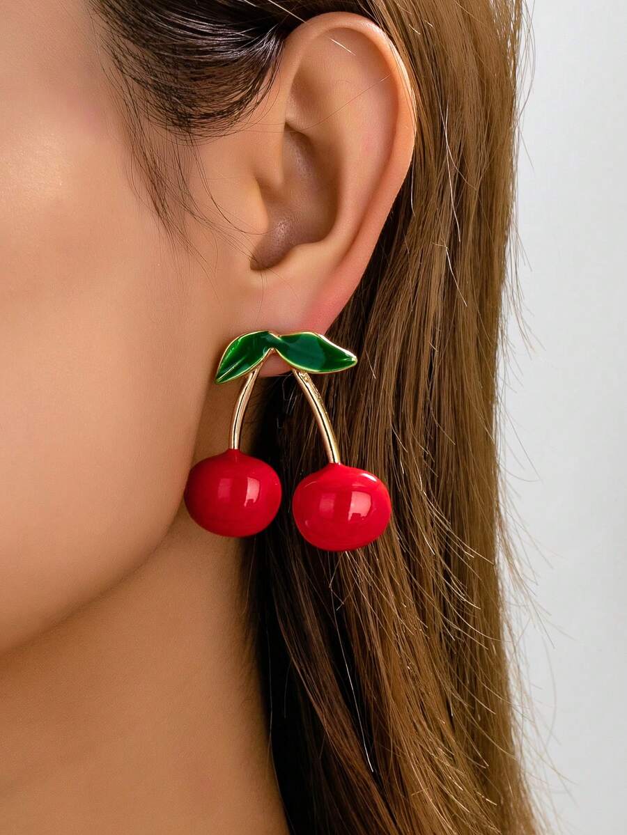 1 Đôi bông tai hình quả anh đào cho nữ, bông tai hình quả anh đào tráng men màu đỏ, trang sức phong cách boho dễ thương mùa hè, ý tưởng quà tặng. - bông tai mặt dây chuyền hình quả anh đào - Xem 1