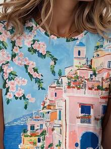 Camiseta de viaje a Italia con árbol de limón impreso en 3D, camiseta casual de mujer de cuello redondo y manga corta para vacaciones de verano - Celeste - Ver 4