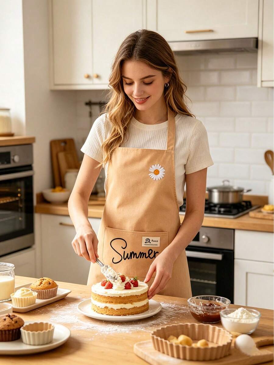Cute Daisy Pattern Kitchen Apron, Women's Adjustable Waterproof Cooking Apron With Pockets, Summer Floral Apron Suitable For Baking, Grilling And Cleaning - Multicolor - View 1