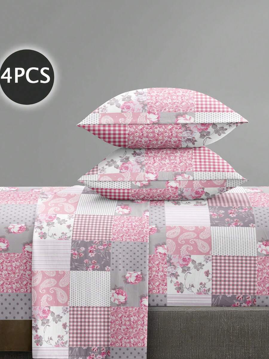 Bộ ga trải giường 4 món họa tiết hoa hồng hồng kẻ caro paisley, chất liệu microfiber mềm mại dễ giặt (1 ga phẳng + 1 ga chun + 2 vỏ gối), phù hợp với nệm cỡ Twin/Queen/Full có độ dày lên đến 11,8 inch, họa tiết hoa văn cổ điển. - Hồng - Xem 1
