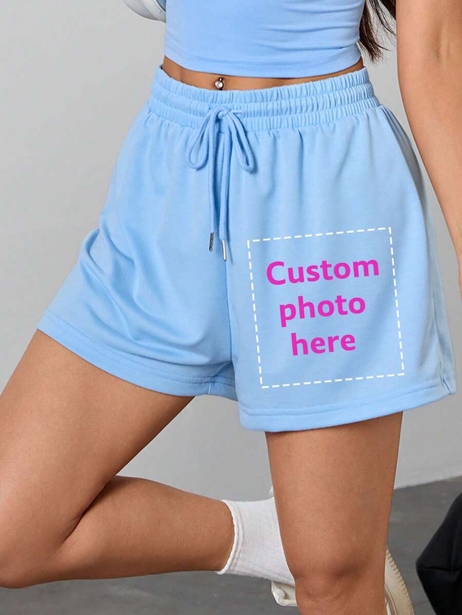 Pantalones cortos deportivos personalizables para mujeres - Agrega tu texto y fotos (Talla M, Citas famosas/Frases divertidas/Paisajes/Insignias/Fotos de pareja/Fotos familiares/Selfies/Fotos de mascotas), puedes elegir la fuente y el color, adecuado para viajes de verano, regalos para novias, pantalones cortos deportivos para mujeres - Celeste - Ver 1
