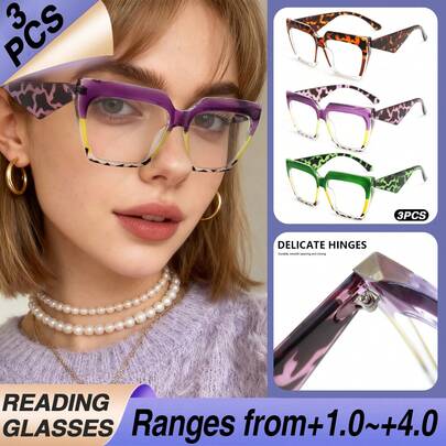 3pcs Oversized Rectangular Reading Glasses, Printed Design, High-Quality Metal Hinges, Suitable For Women Daily Use
