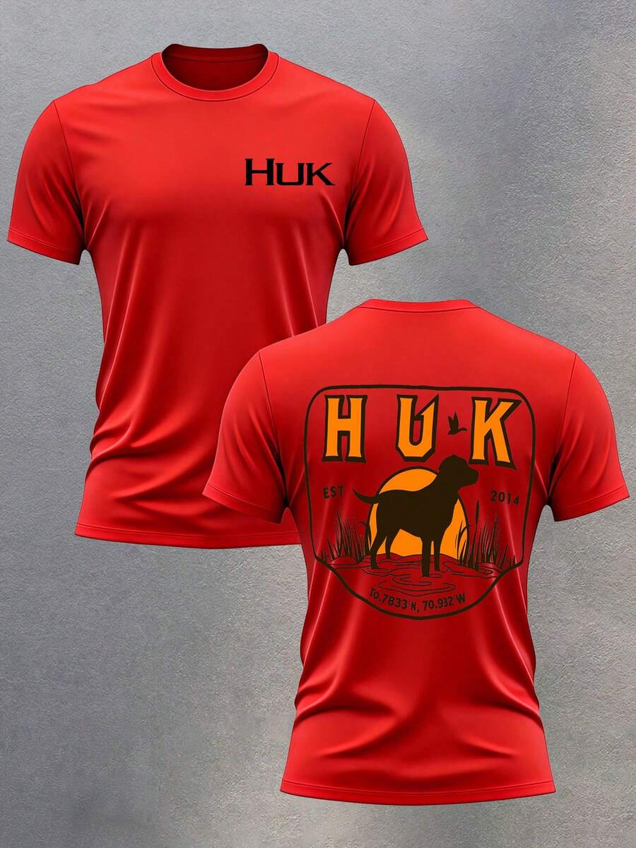 Double Sided Printing HUK Inspired Labrador Retriever Sunset Fishing Graphic T-Shirt, Outdoor Hunting Dog Performance Tee, Coordinates 10.7833°N, 70.932°W - 紅色 - 查看 1