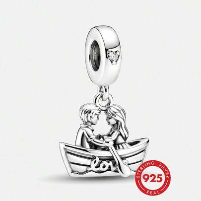 1pc 925 Sterling Silver Couple Rowing Boat Beaded Pendant, Suitable For Women Bracelet/Bangle DIY Jewelry Making And Daily Decoration