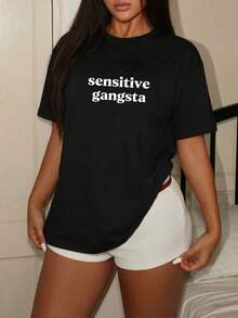 2026 “敏感黑帮” 女士睡衣上衣，印花T恤，女士夏季睡衣上衣，Y2K家居服 - 黑色 - 查看 4