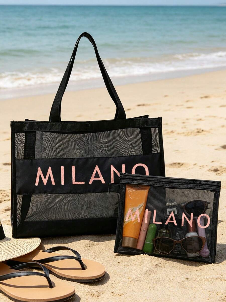 MILANO 印花透明網眼托特包套組，黑色透明網眼海灘包附拉鍊收納袋，大容量透氣旅行收納包，適用於化妝品、盥洗用品和海灘用品，適合海灘旅行、游泳、旅行、健身、購物和日常使用，適合女性、女孩、旅行者和美容愛好者，夏季假期、生日和節日禮物，可用作托特包、海灘包、旅行收納包和化妝包 - 彩色 - 查看 1