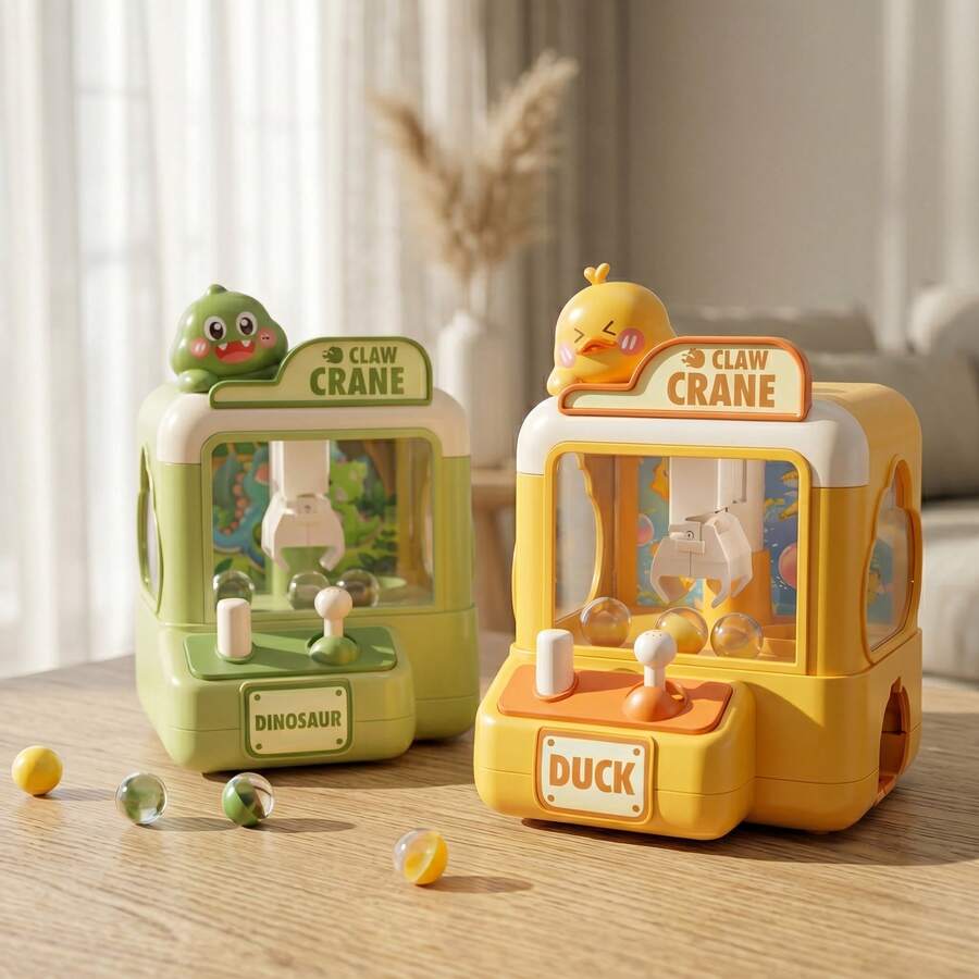 Máy gắp thú mini đồ chơi - Trò chơi arcade chủ đề vịt và khủng long với cần điều khiển, quà tặng tương tác vui nhộn cho bé trai và bé gái, 2 kiểu dáng dễ thương màu vàng và xanh lá cây.