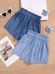 2pcs/Set Girls Casual Solid Color Shorts With 3D Bow Decor, Suitable For Spring & Summer Outings - Multicolor - View 2
