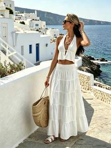 Solid Color Casual Elegant Chic Fashion Drawstring Waist Skirt, Casual Fashion Minimalist Skirt, Women Spring White - White - View 4