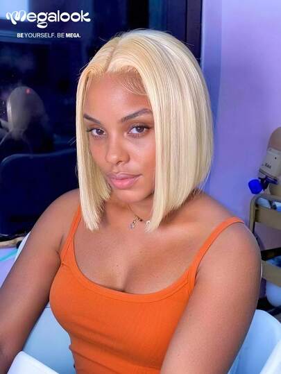 MEGALOOK #613 金色 13x4x1 蕾丝前直发假发，100% 真人发丝，预先拔毛，带有细小结节，外观自然，适合日常佩戴，可用于办公室、僵尸新娘、万圣节、派对、Y2K 风格、度假装扮、户外角色扮演、校园、学校假期、圣诞节、派对、婚礼、节日等场合，适合女性佩戴。