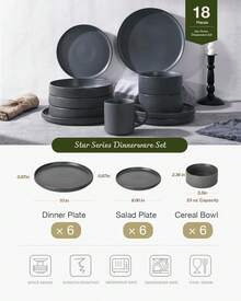 Richmount 18 Piece Stoneware Dinnerware Sets, Plates And Bowls Set For 6, Dishwasher And Microwave Friendly - 霧面深炭色 - 查看 3