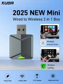 XUDA 2026新款迷你CarPlay AI盒子，有线转无线CarPlay和Android Auto二合一适配器，兼容99%原厂配备有线CarPlay/Android Auto的车辆，支持2.4~5.0 GHz WiFi5，时尚便携 - 淺灰色 - 查看 2