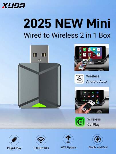 XUDA 2026新款迷你CarPlay AI盒子，有线转无线CarPlay和Android Auto二合一适配器，适用于99%原装带有线CarPlay/Android Auto的车型，2.4~5.0 GHz WiFi5，时尚便携