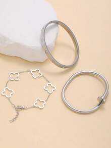 3 件装时尚奢华锆石镶嵌四叶草不锈钢袖口手镯适合日常佩戴情人节 - 銀色 - 查看 3