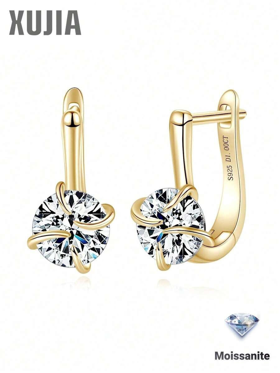 XUJIA 1 Pair 925 Sterling Silver Moissanite Women's Earrings, 6.5mm*2pcs Round Moissanite Stud Earrings, Sparkling Moissanite Earrings