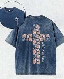 Summer Tops2026Christian Washed T-Shirt, Jesus, Faith, Floral Cross Pattern T-Shirt "Walk By Faith Not By Sight","Jesus Is Coming Soon", Religious Ele - 藍色 - 查看 9