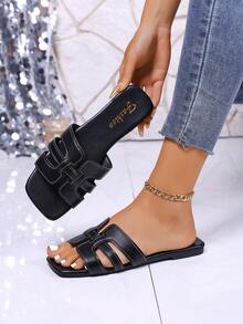 New Square Toe Solid Color Korean Style Slippers, Black Flat Beach Sandals, Summer Fashion Outdoor Slides For Women - Black - View 1