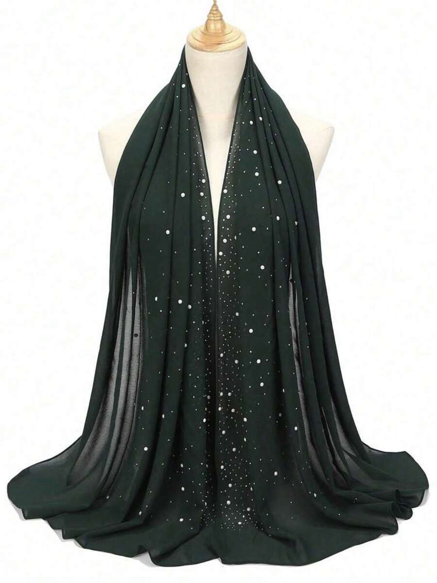 1 pieza Turbante musulmán de gasa con perlas falsas calientes - Verde Oscuro - Ver 1