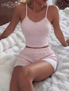 2 piezas Conjunto de pijama con camiseta de tirantes y shorts con adorno de encaje, suave y transpirable, rosa suave, ropa de casa y casual - Rosa - Ver 7