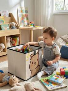 1 pieza Caja de almacenamiento plegable de gran capacidad, cesta de almacenamiento abierta con estampado de oso de dibujos animados, diseño de cajón multifuncional, ahorro de espacio para el hogar, dormitorio, guardería, almacenamiento debajo de la cama - Multicolor - Ver 2
