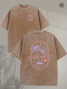 And Heavyweight 230GSM Washed Cotton T-Shirt- Tropical Beach Sunset Palm Tree Design- Light Pink Retro Street Casual Style, Suitable For Vacation And Daily Wear- Soft Crew Neck Top- Ideal Gift For Travel And Surf Culture Enthusiasts, SIM - 黑色 - 查看 9
