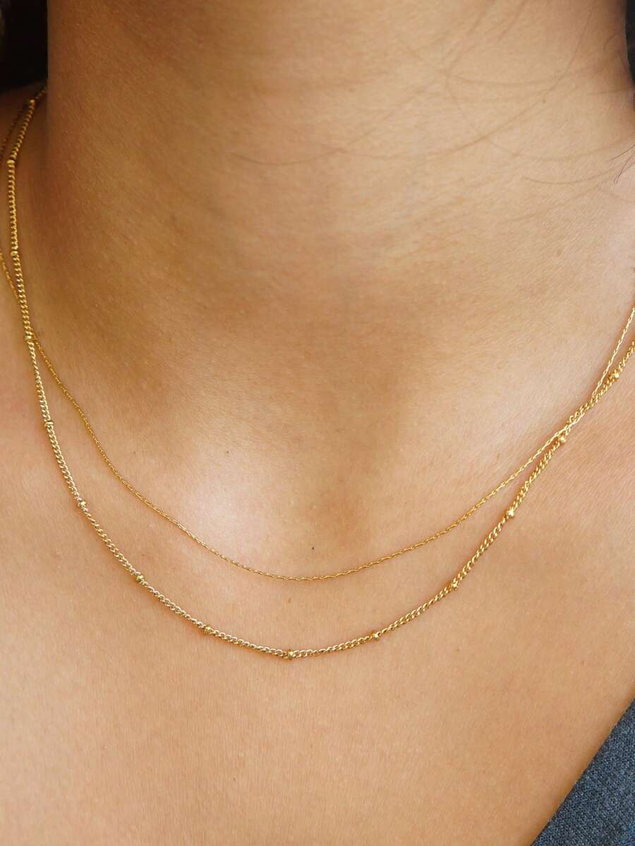 2pcs Stainless Steel Necklace For Women Dainty Gold Double Chain Necklace Minimalist Layered Style Bead Necklace Elegance Thin Chain For Gifts - Necklace - View 1
