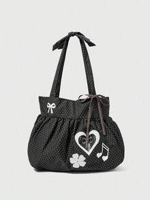 Large Capacity Polka Dot Retro Versatile Shoulder Bag, Fashionable And Simple Pleated Musical Note Bow Tote Bag, Niche Design Casual Love Armpit Bag, Suitable For Shopping, Commuting, Work, Daily Outings - Multicolor - View 8