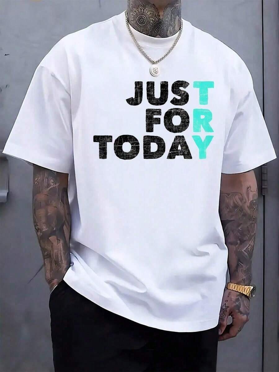 Men's 100% Cotton T-Shirt With "JUST FOR TODAY" Print – 100% Cotton T-Shirts – Casual Men's Short-Sleeved T-Shirts – Men's Basic Summer T-Shirts. Retro Style, Cotton Shirts, Printed T-Shirts – The Essential T-Shirt For Everyday Wear And Holidays. - 白色 - 查看 1