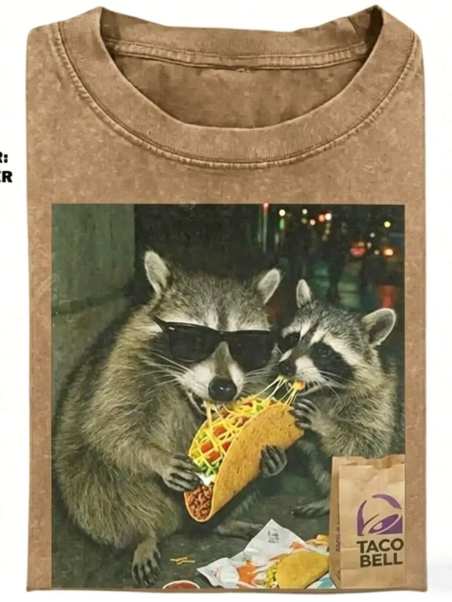 Washed T-Shirt,Raccoon Eating Tacos Sweatshirt,Silly Shirt Gift, Vintage Tee,Funny Tee,Tacos Lover Raccoon Shirt,Summer Tops,Summer Outfits For Women - 咖啡棕 - 查看 1