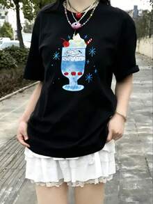 宽松卡通印花短袖T恤，独特设计，适合娇小女性，休闲黑色夏季款 - 查看 4