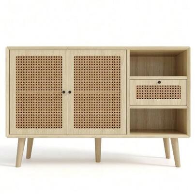 Sideboard, Chest Of Drawers With 1 Drawer And 2 Magnetic Doors, Rattan Weave On The Door Fronts, Solid Wood Legs, Black Metal Bar Handle, Adjustable Shelves, Oak, 120 X 40 X 80 Cm