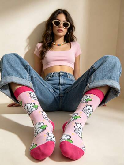 1双女士多巴胺彩色可爱动物卡通趣味礼物袜，个性化街头时尚百搭中筒袜，四季皆宜